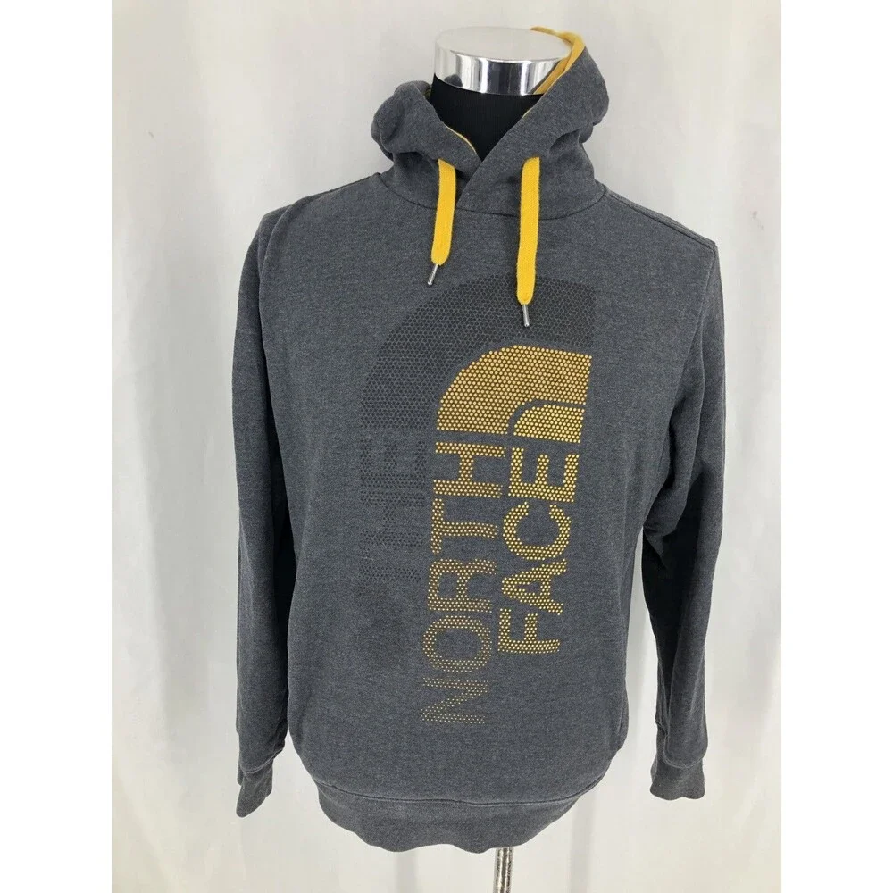 The North Face Hoodie Gray Sweatshirt Pullover Yellow Oversized Logo Small
